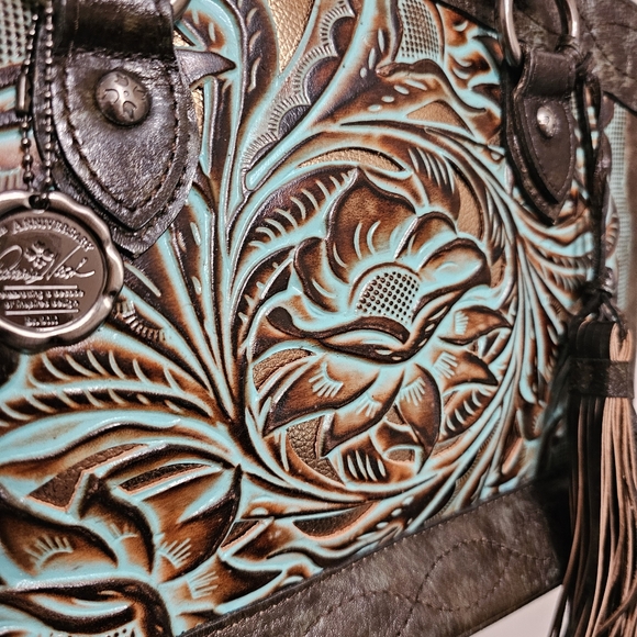 Patricia Nash Burnished Cutout Tooled Tourquoise Adaline Tote w/ Matching Pouch - Picture 9 of 14